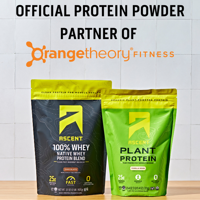 Chocolate Protein Powder 2lb bag and Vanilla Vegan Protein Powder 1lb bag with the caption orange theory fitness partnership